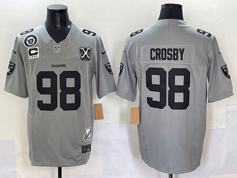 Men 2025 Oakland Raiders 98 Crosby Grey Throwback Three generations Nike Limited NFL Jersey style 1